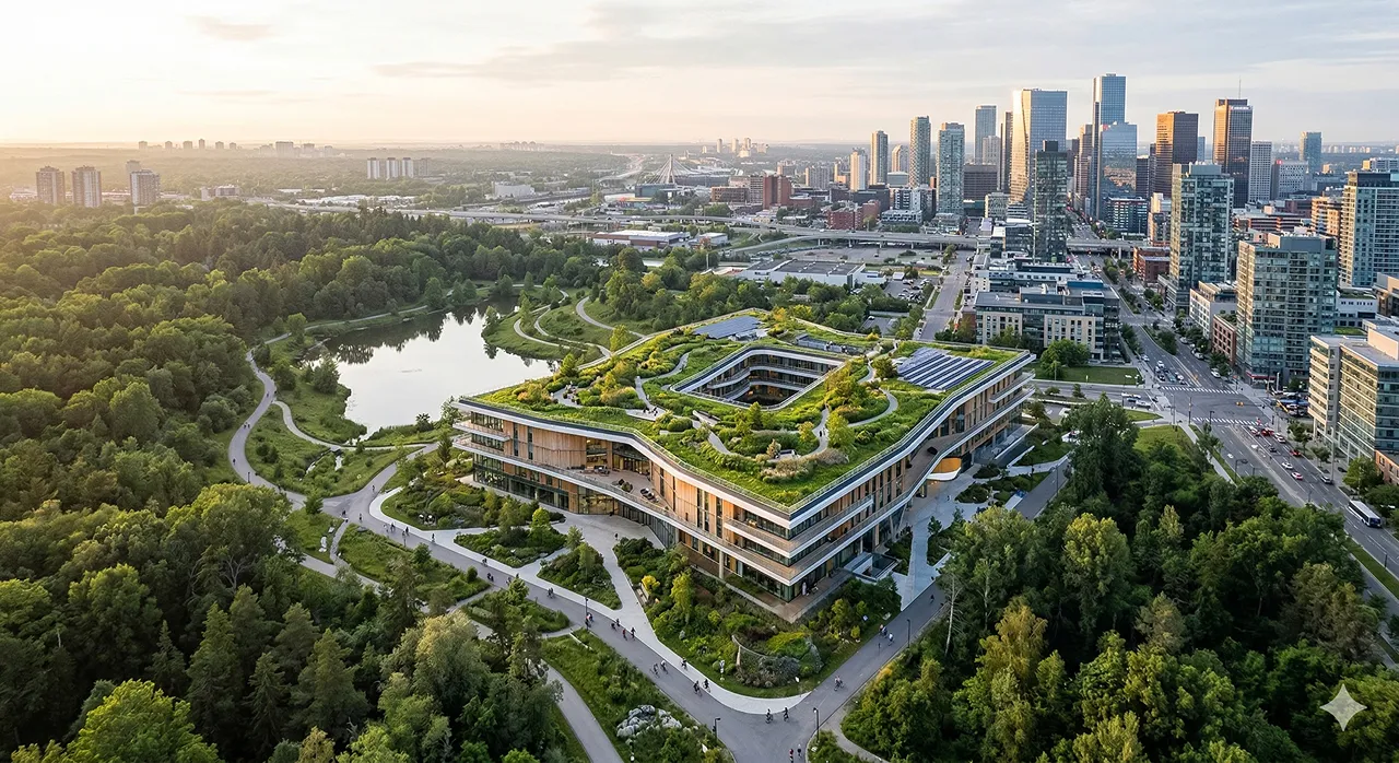 Vista aérea de edifício sustentável moderno com telhado verde cercado por natureza e paisagem urbana